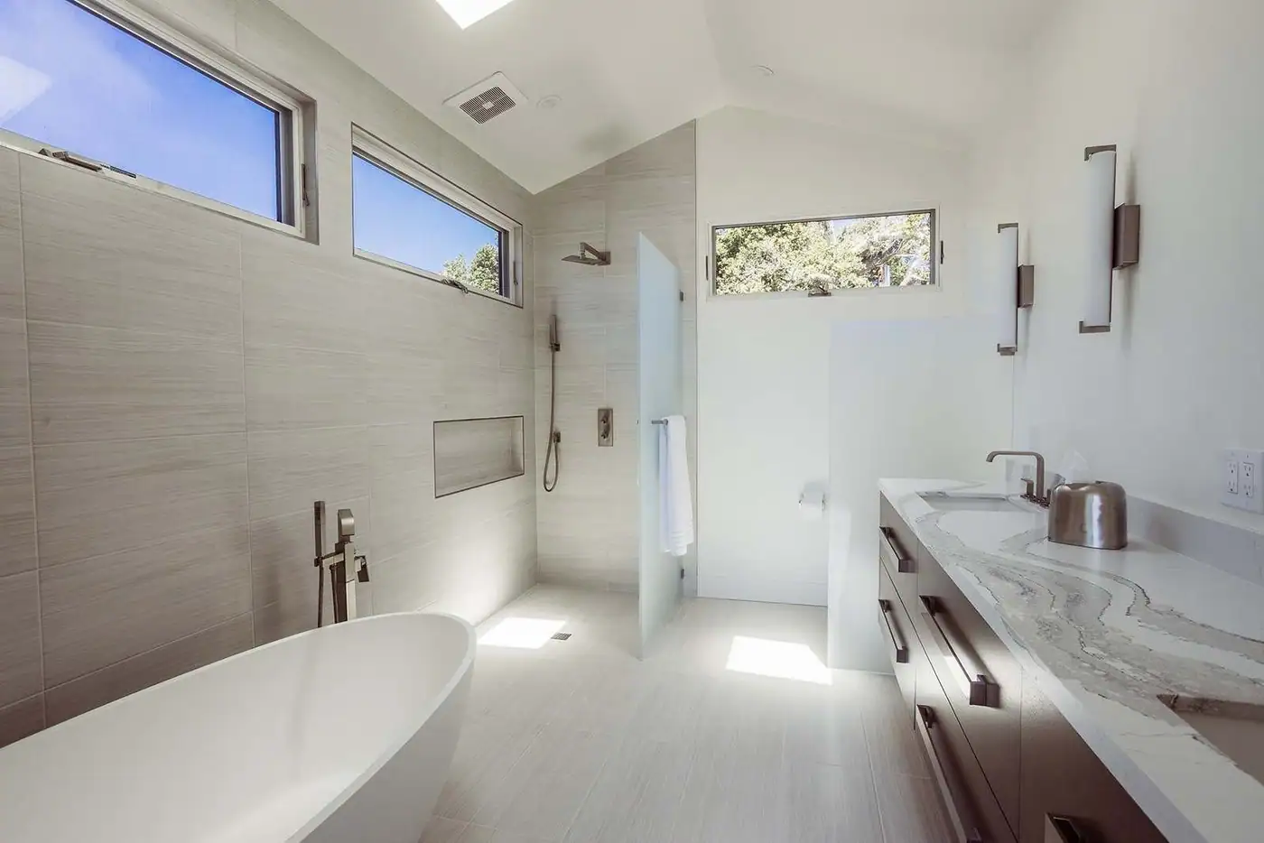 Bathroom at the Sea Cliff build with a run of clerestory windows