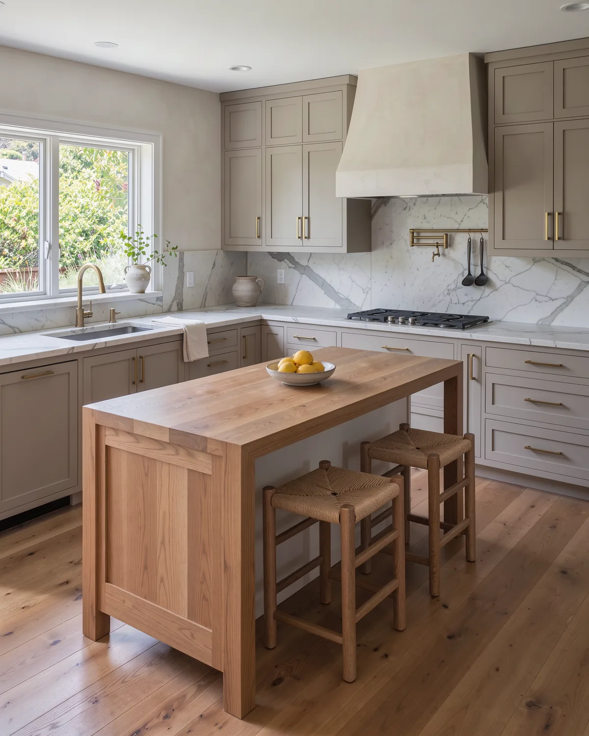 Illustration of a remodeled kitchen with putty cabinetry, marble counters and an oak island